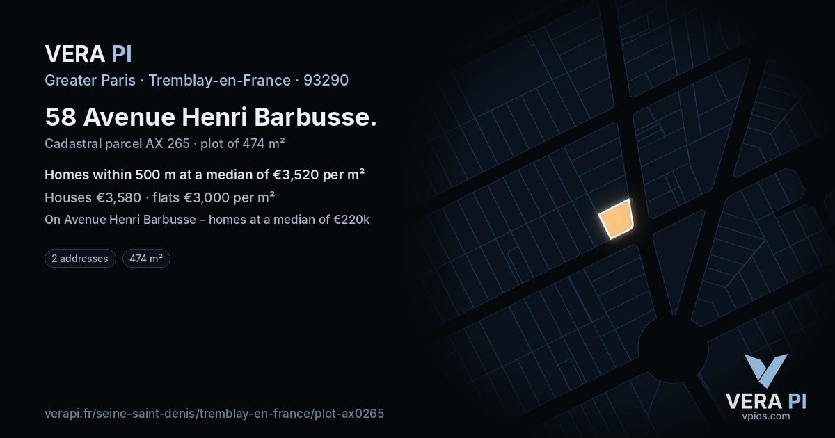 58 Avenue Henri Barbusse, Tremblay-en-France at night – the plot lit, the parcels around coloured by the prices near them