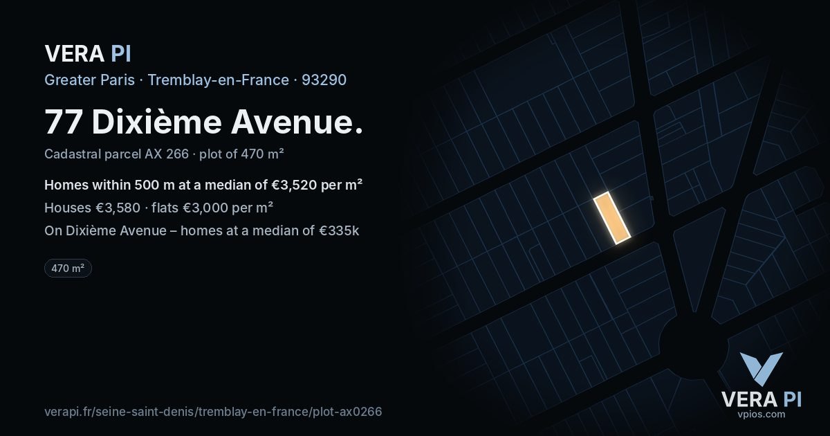 77 Dixième Avenue, Tremblay-en-France at night – the plot lit, the parcels around coloured by the prices near them
