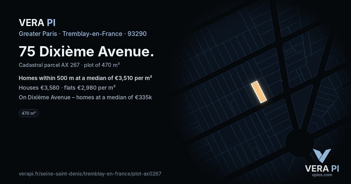 75 Dixième Avenue, Tremblay-en-France at night – the plot lit, the parcels around coloured by the prices near them