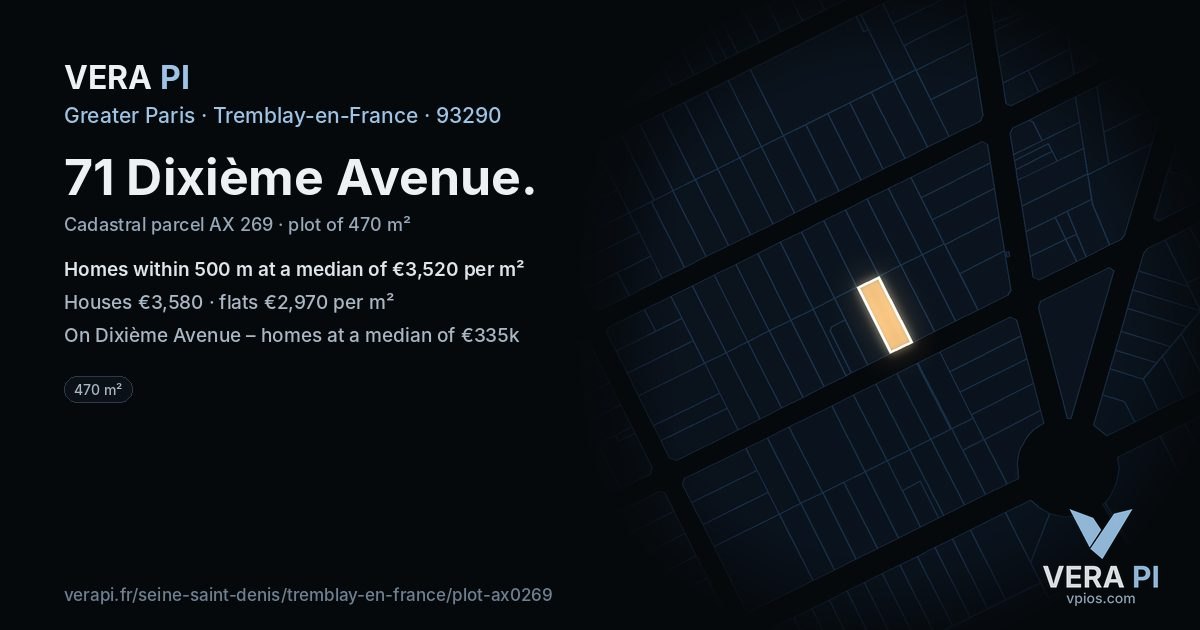 71 Dixième Avenue, Tremblay-en-France at night – the plot lit, the parcels around coloured by the prices near them