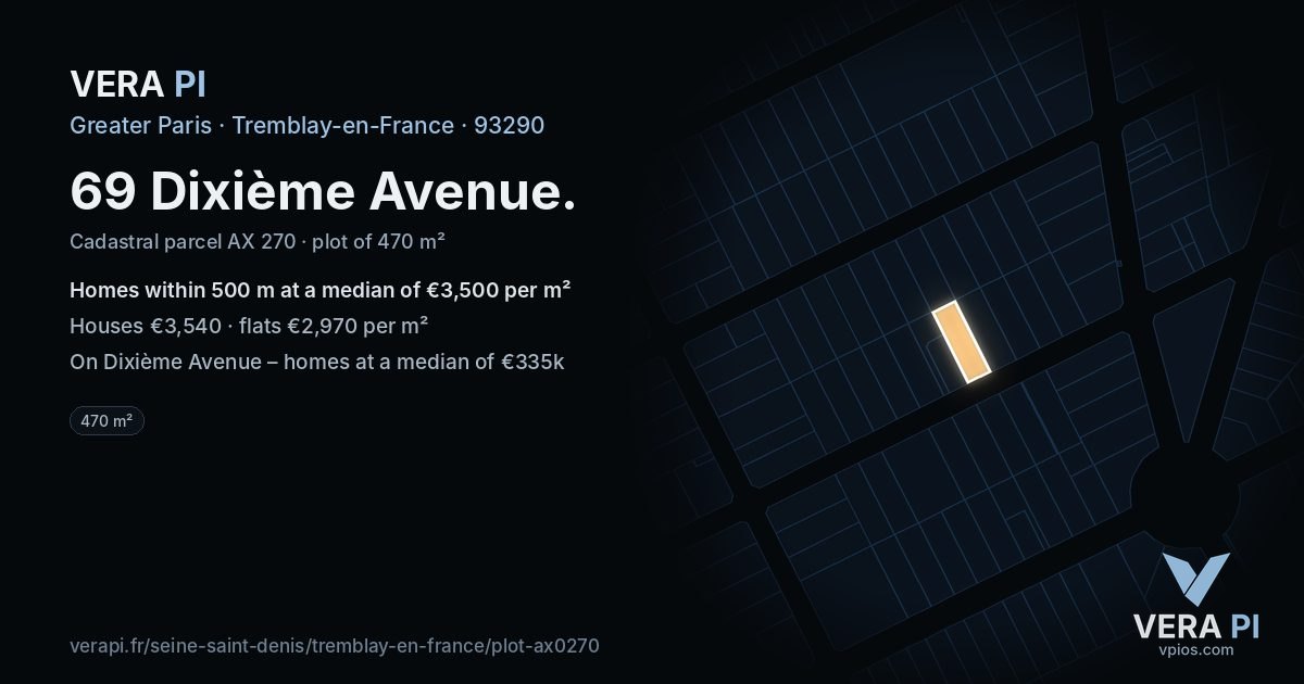 69 Dixième Avenue, Tremblay-en-France at night – the plot lit, the parcels around coloured by the prices near them