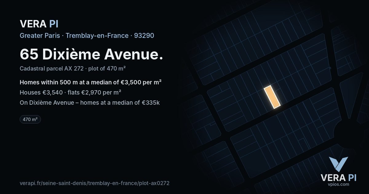 65 Dixième Avenue, Tremblay-en-France at night – the plot lit, the parcels around coloured by the prices near them