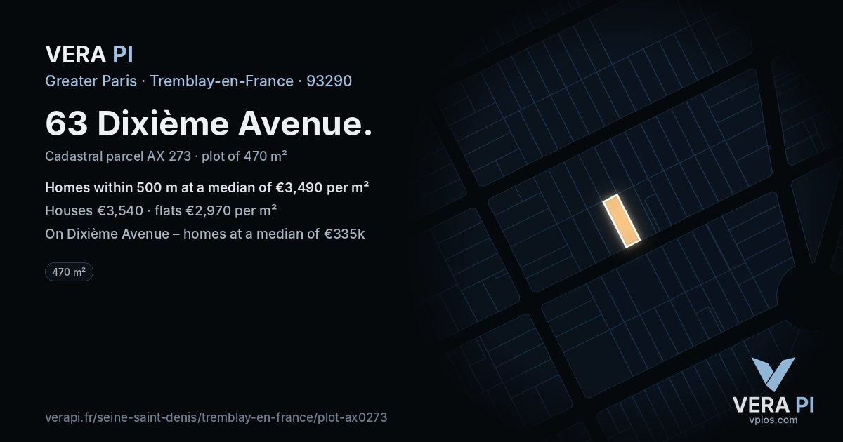 63 Dixième Avenue, Tremblay-en-France at night – the plot lit, the parcels around coloured by the prices near them