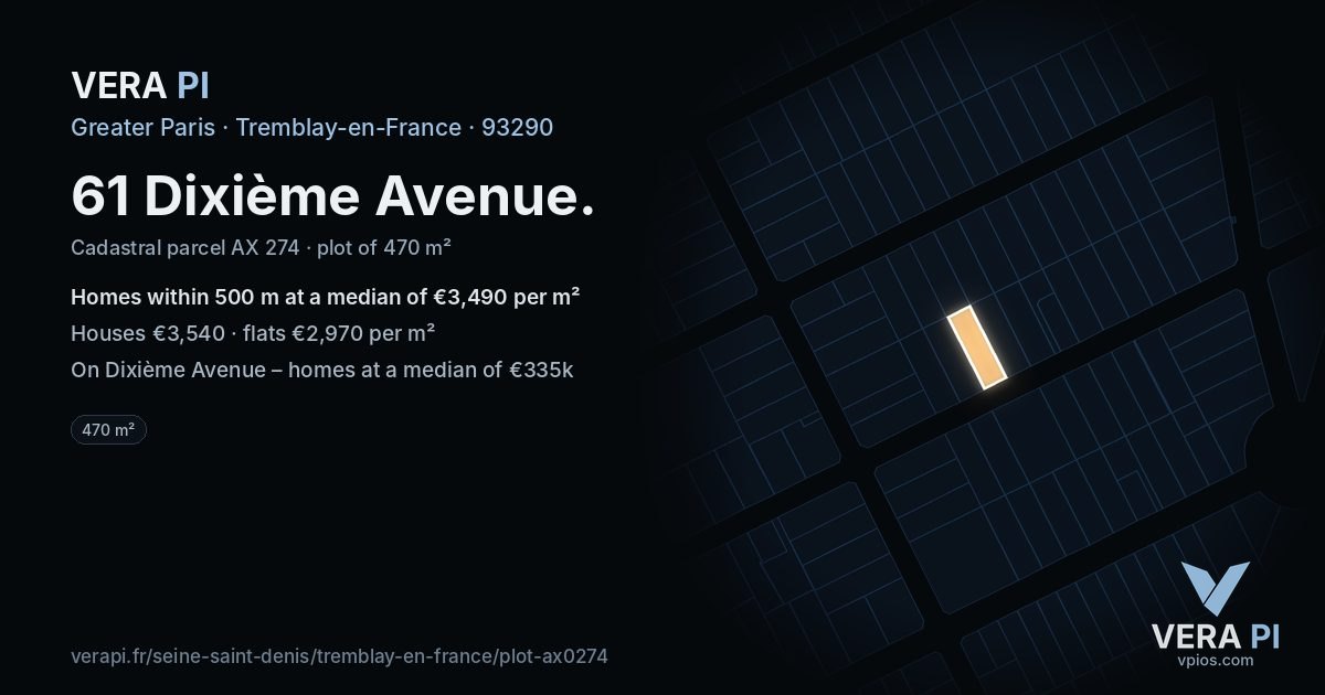 61 Dixième Avenue, Tremblay-en-France at night – the plot lit, the parcels around coloured by the prices near them