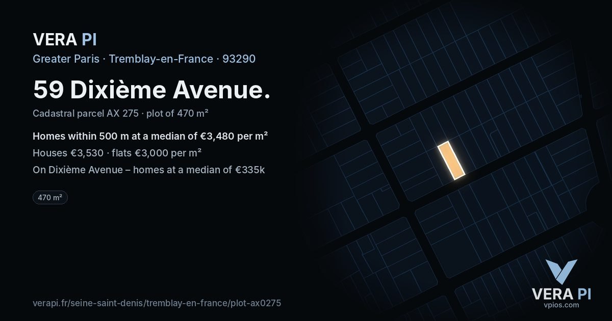 59 Dixième Avenue, Tremblay-en-France at night – the plot lit, the parcels around coloured by the prices near them