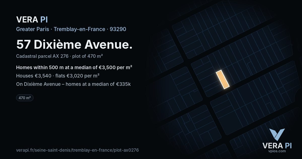 57 Dixième Avenue, Tremblay-en-France at night – the plot lit, the parcels around coloured by the prices near them