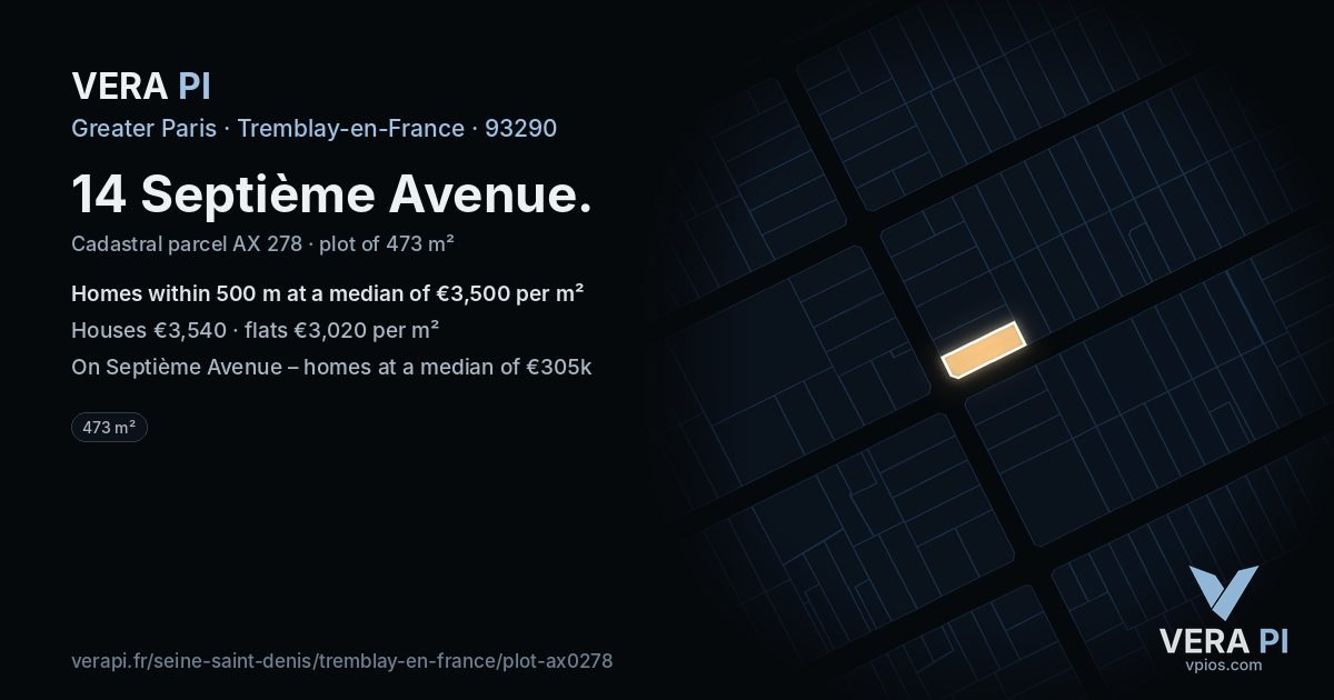14 Septième Avenue, Tremblay-en-France at night – the plot lit, the parcels around coloured by the prices near them