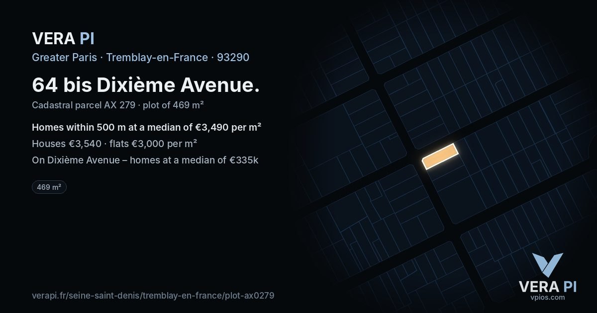 64 bis Dixième Avenue, Tremblay-en-France at night – the plot lit, the parcels around coloured by the prices near them