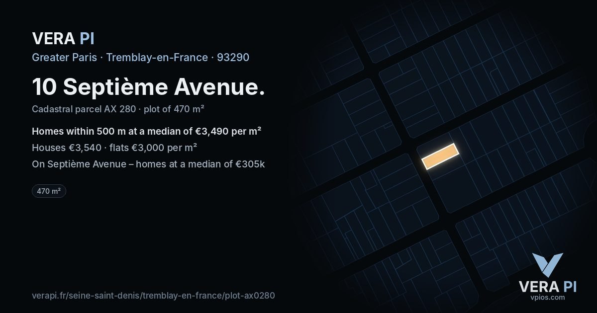 10 Septième Avenue, Tremblay-en-France at night – the plot lit, the parcels around coloured by the prices near them