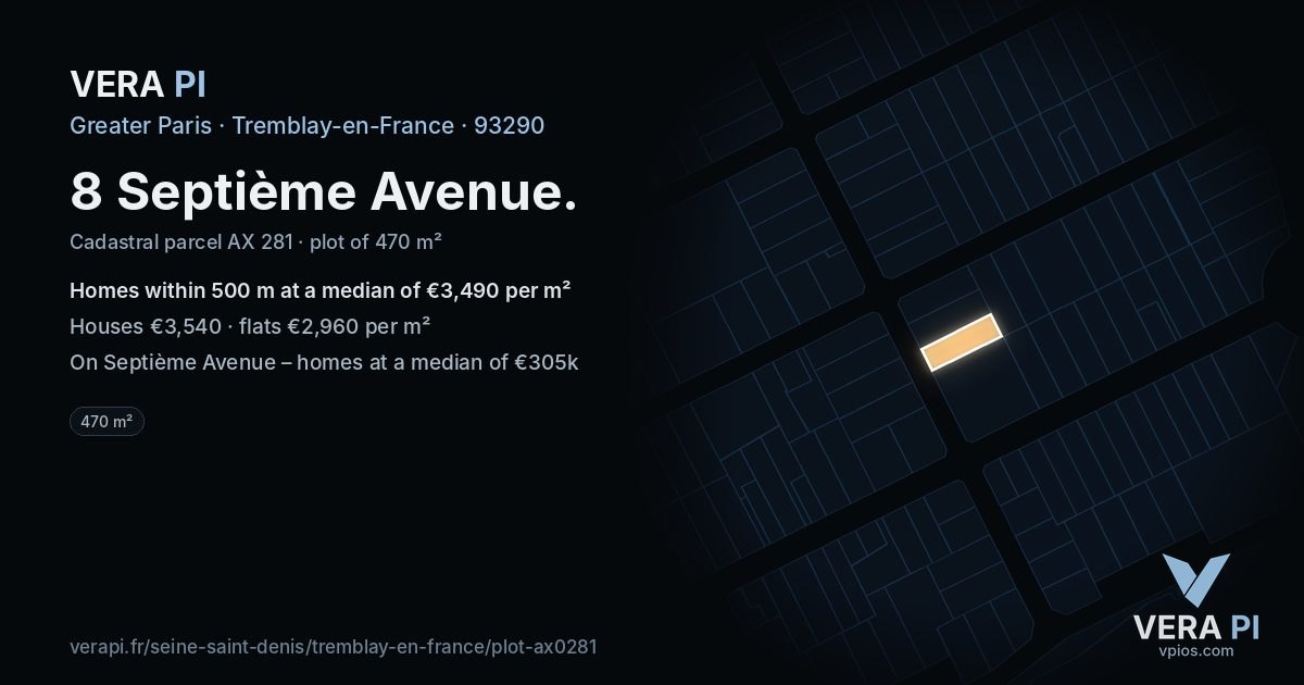 8 Septième Avenue, Tremblay-en-France at night – the plot lit, the parcels around coloured by the prices near them