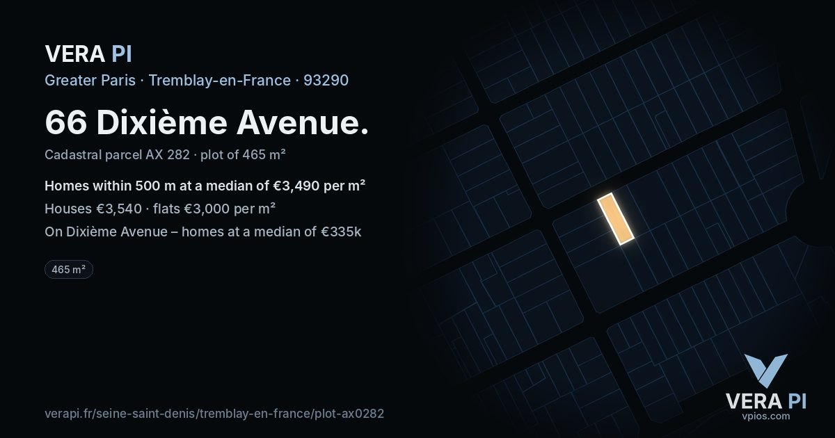 66 Dixième Avenue, Tremblay-en-France at night – the plot lit, the parcels around coloured by the prices near them