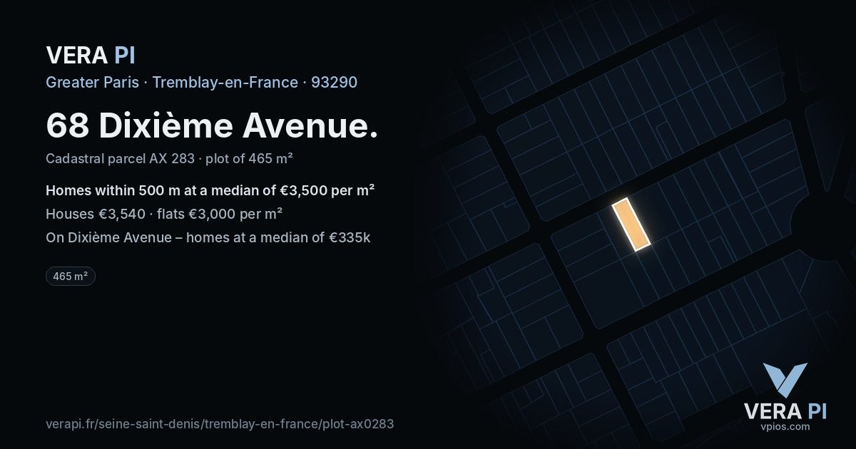 68 Dixième Avenue, Tremblay-en-France at night – the plot lit, the parcels around coloured by the prices near them