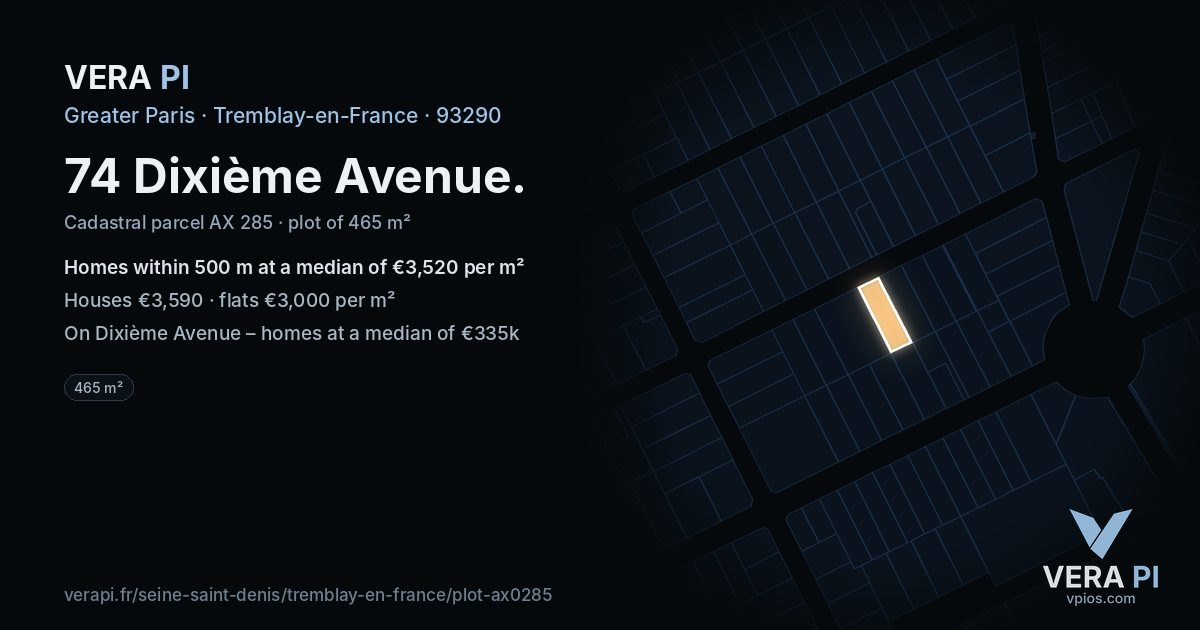 74 Dixième Avenue, Tremblay-en-France at night – the plot lit, the parcels around coloured by the prices near them