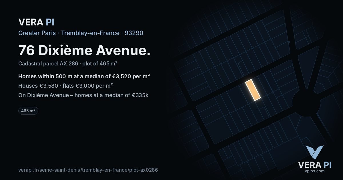 76 Dixième Avenue, Tremblay-en-France at night – the plot lit, the parcels around coloured by the prices near them
