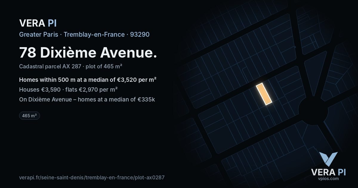 78 Dixième Avenue, Tremblay-en-France at night – the plot lit, the parcels around coloured by the prices near them