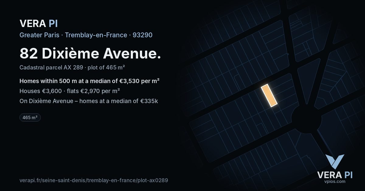 82 Dixième Avenue, Tremblay-en-France at night – the plot lit, the parcels around coloured by the prices near them