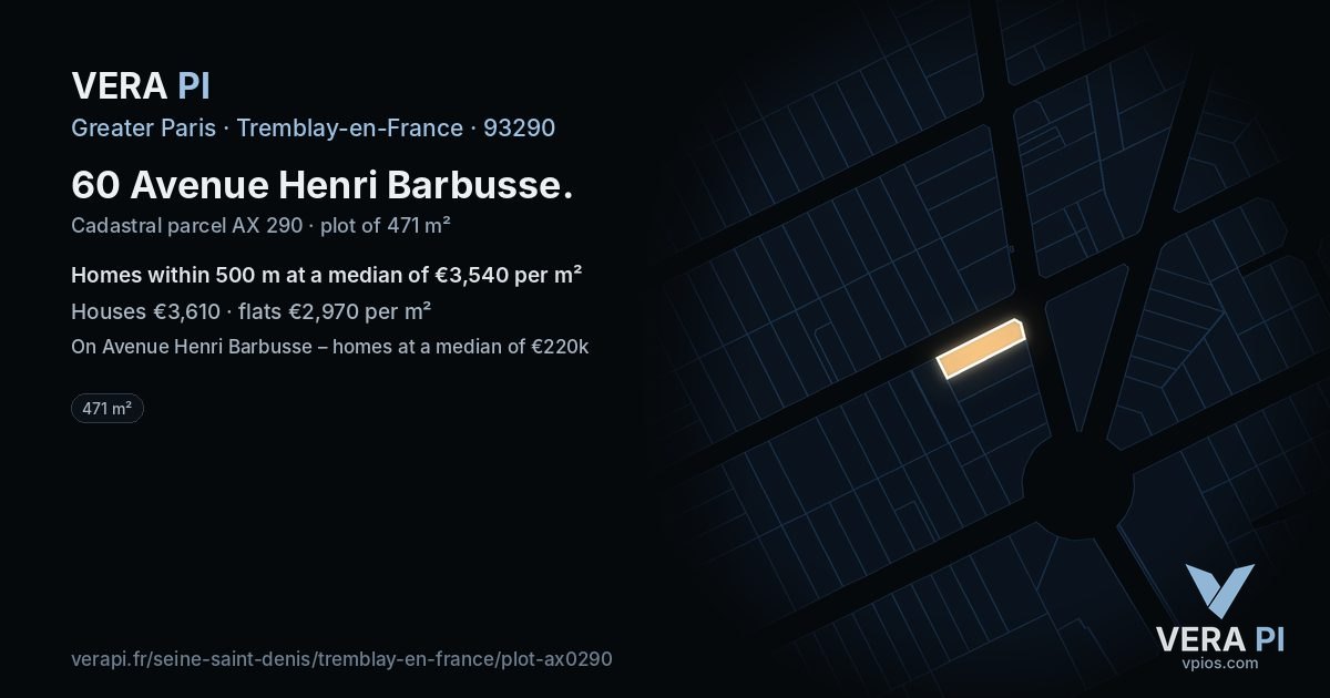 60 Avenue Henri Barbusse, Tremblay-en-France at night – the plot lit, the parcels around coloured by the prices near them