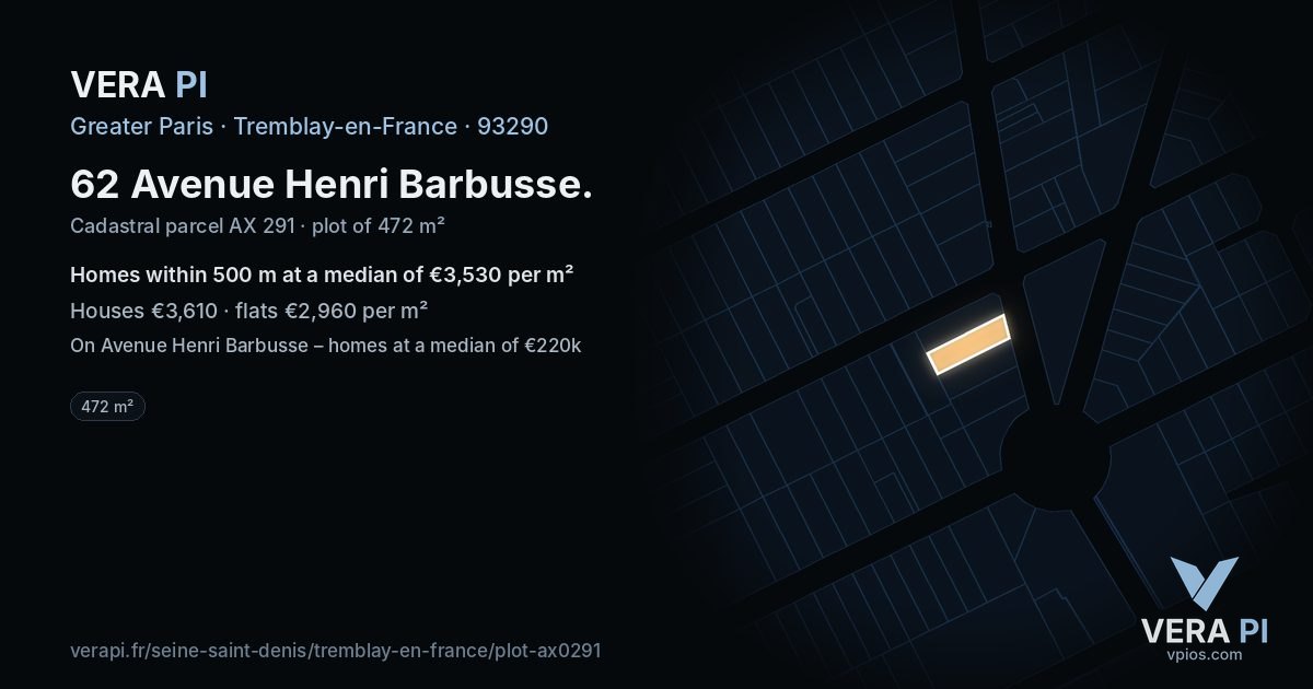 62 Avenue Henri Barbusse, Tremblay-en-France at night – the plot lit, the parcels around coloured by the prices near them
