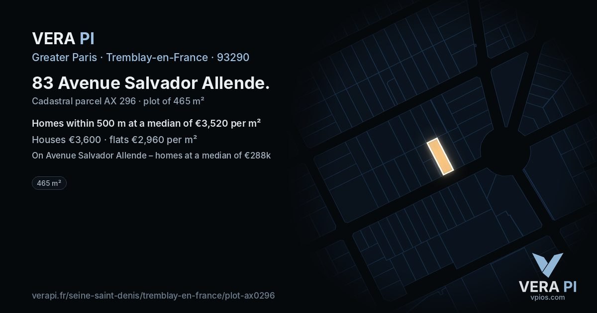83 Avenue Salvador Allende, Tremblay-en-France at night – the plot lit, the parcels around coloured by the prices near them