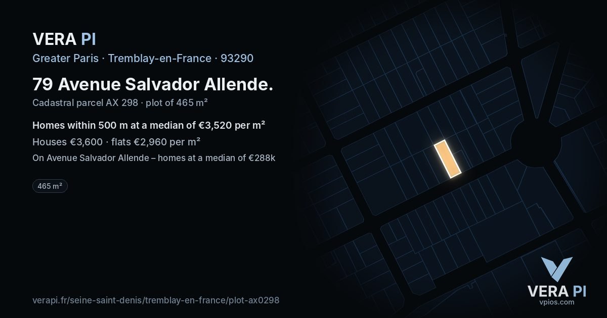 79 Avenue Salvador Allende, Tremblay-en-France at night – the plot lit, the parcels around coloured by the prices near them