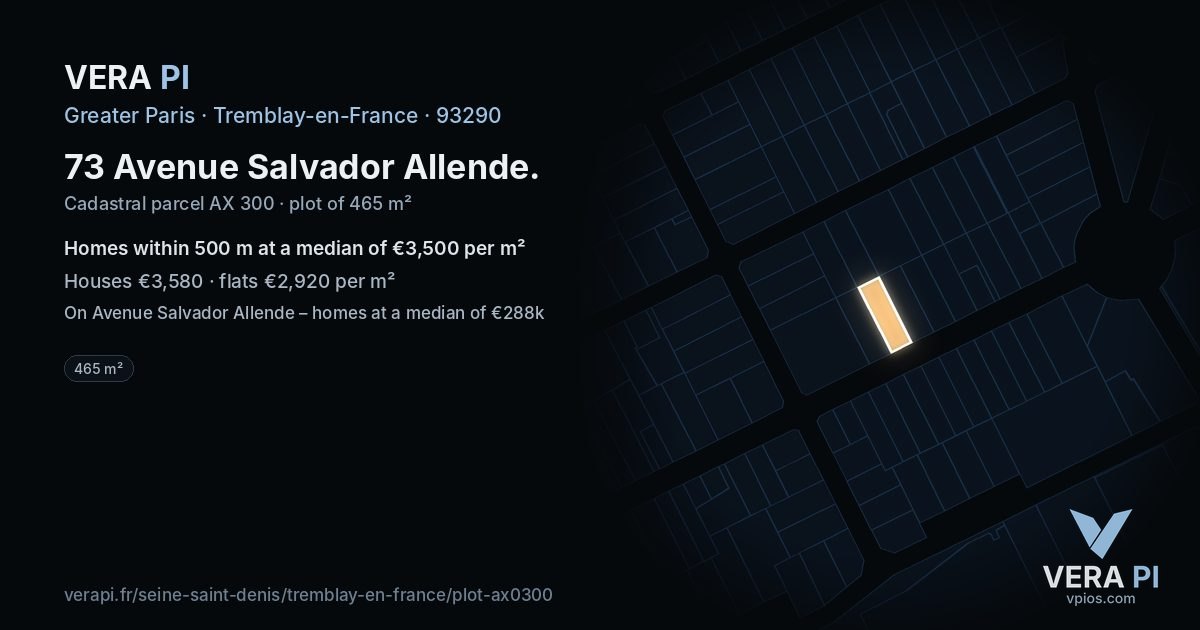73 Avenue Salvador Allende, Tremblay-en-France at night – the plot lit, the parcels around coloured by the prices near them