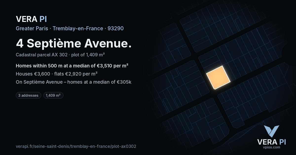 4 Septième Avenue, Tremblay-en-France at night – the plot lit, the parcels around coloured by the prices near them