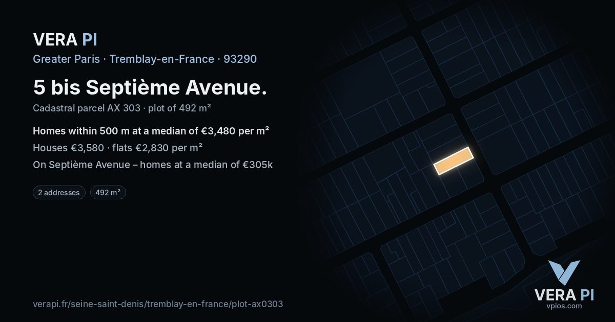 5 bis Septième Avenue, Tremblay-en-France at night – the plot lit, the parcels around coloured by the prices near them
