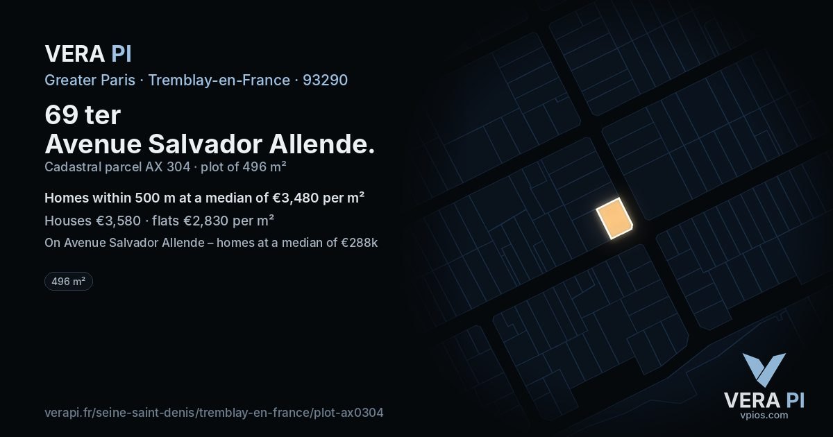 69 ter Avenue Salvador Allende, Tremblay-en-France at night – the plot lit, the parcels around coloured by the prices near them