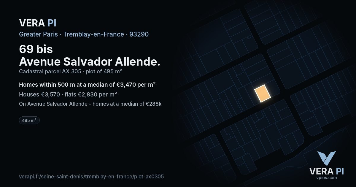 69 bis Avenue Salvador Allende, Tremblay-en-France at night – the plot lit, the parcels around coloured by the prices near them