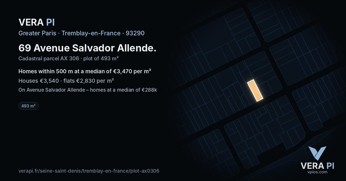 69 Avenue Salvador Allende, Tremblay-en-France at night – the plot lit, the parcels around coloured by the prices near them