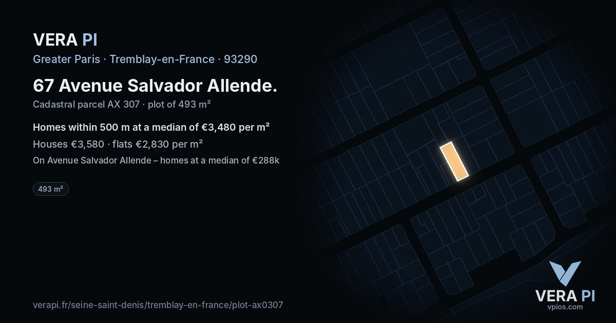 67 Avenue Salvador Allende, Tremblay-en-France at night – the plot lit, the parcels around coloured by the prices near them