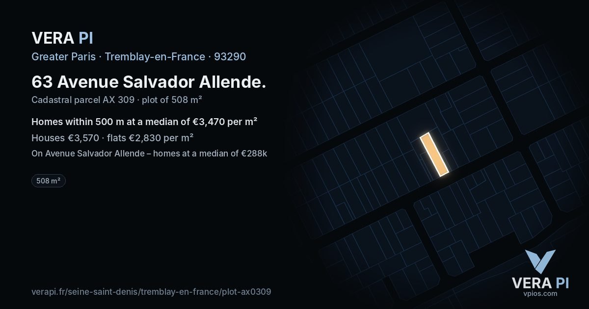 63 Avenue Salvador Allende, Tremblay-en-France at night – the plot lit, the parcels around coloured by the prices near them