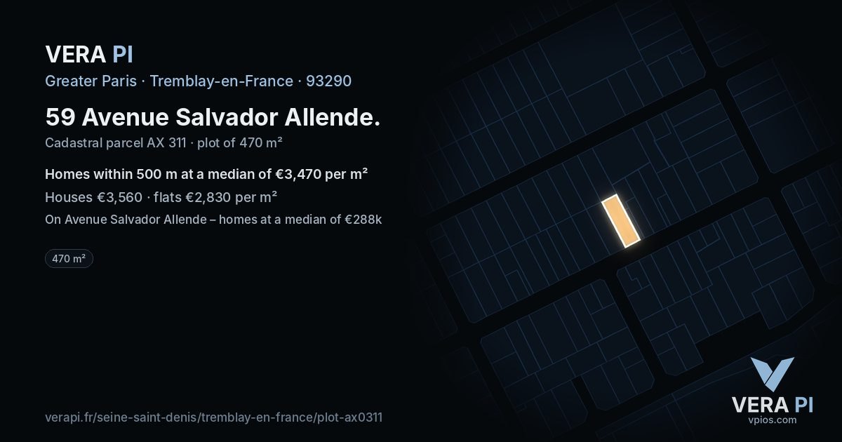 59 Avenue Salvador Allende, Tremblay-en-France at night – the plot lit, the parcels around coloured by the prices near them