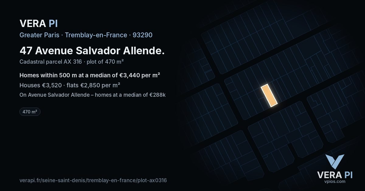 47 Avenue Salvador Allende, Tremblay-en-France at night – the plot lit, the parcels around coloured by the prices near them