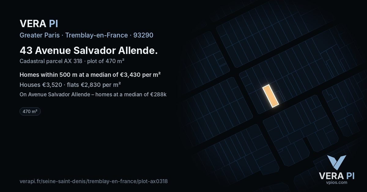 43 Avenue Salvador Allende, Tremblay-en-France at night – the plot lit, the parcels around coloured by the prices near them