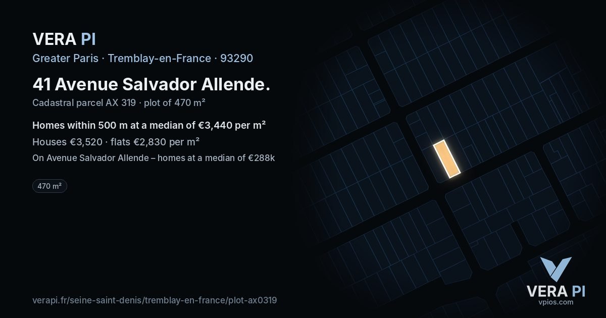 41 Avenue Salvador Allende, Tremblay-en-France at night – the plot lit, the parcels around coloured by the prices near them