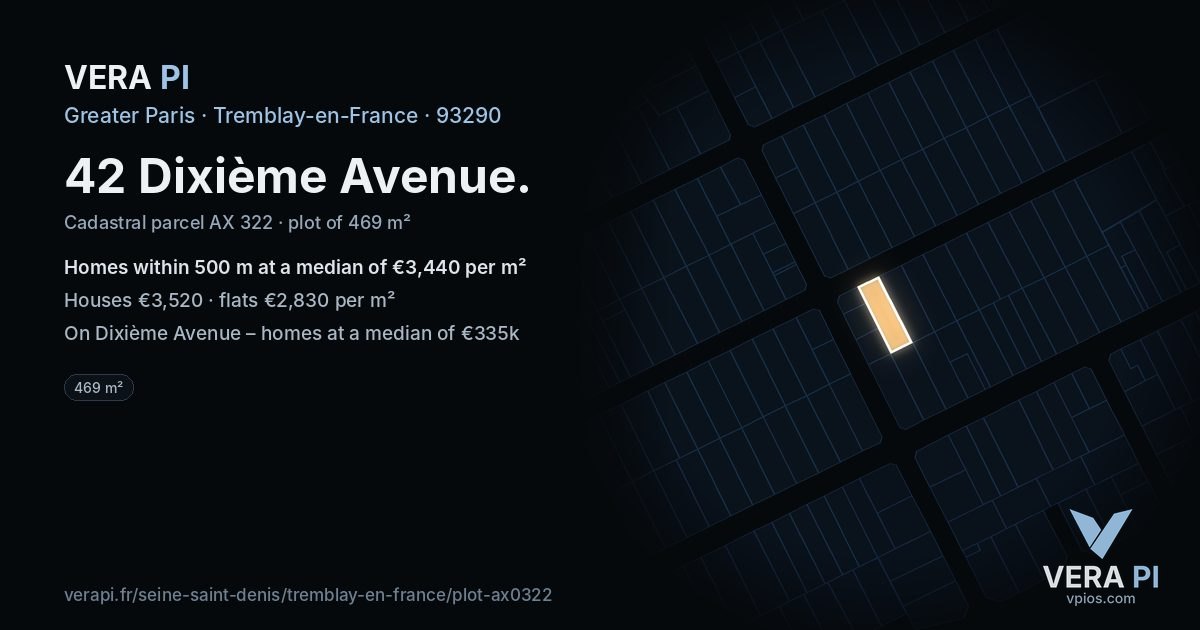 42 Dixième Avenue, Tremblay-en-France at night – the plot lit, the parcels around coloured by the prices near them