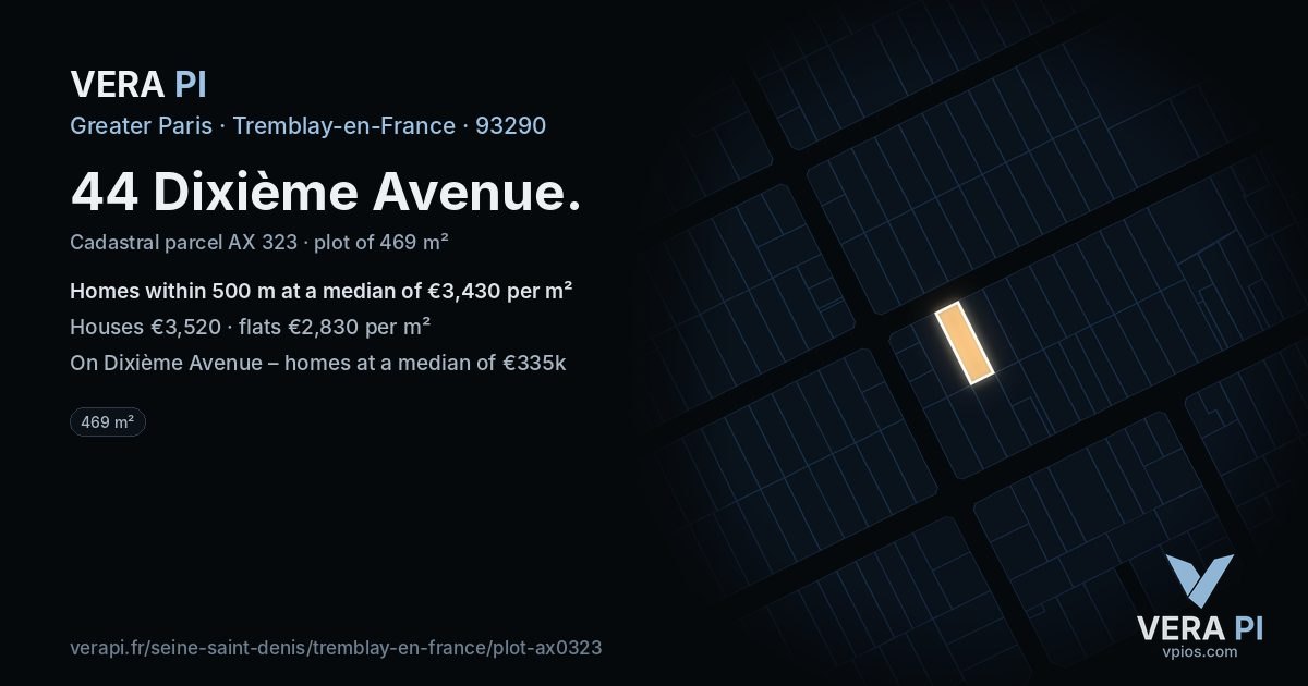 44 Dixième Avenue, Tremblay-en-France at night – the plot lit, the parcels around coloured by the prices near them