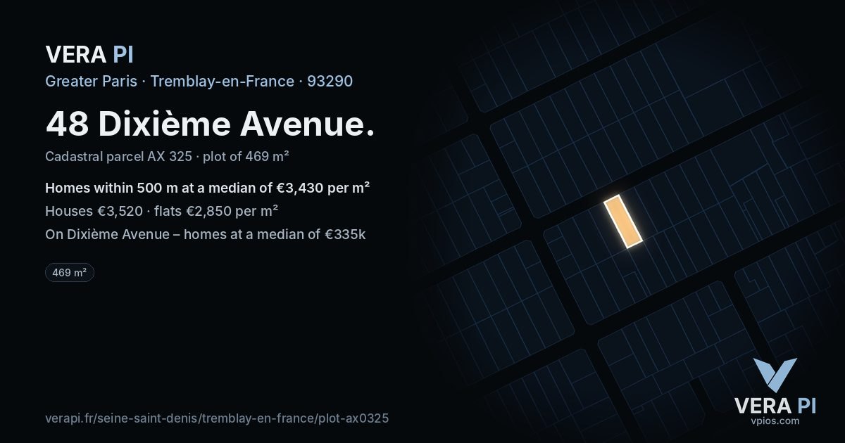 48 Dixième Avenue, Tremblay-en-France at night – the plot lit, the parcels around coloured by the prices near them