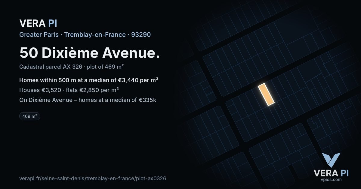 50 Dixième Avenue, Tremblay-en-France at night – the plot lit, the parcels around coloured by the prices near them