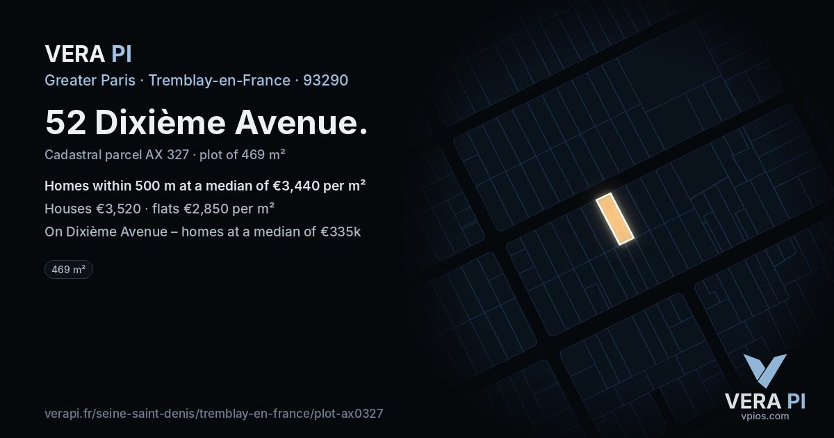 52 Dixième Avenue, Tremblay-en-France at night – the plot lit, the parcels around coloured by the prices near them