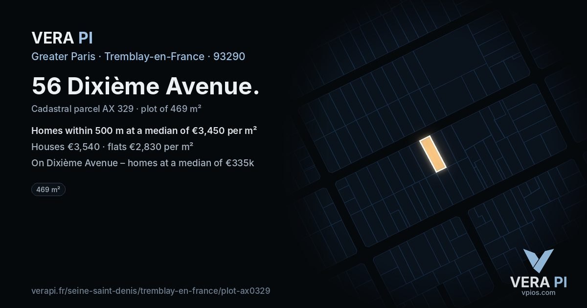 56 Dixième Avenue, Tremblay-en-France at night – the plot lit, the parcels around coloured by the prices near them