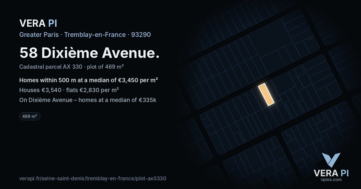 58 Dixième Avenue, Tremblay-en-France at night – the plot lit, the parcels around coloured by the prices near them