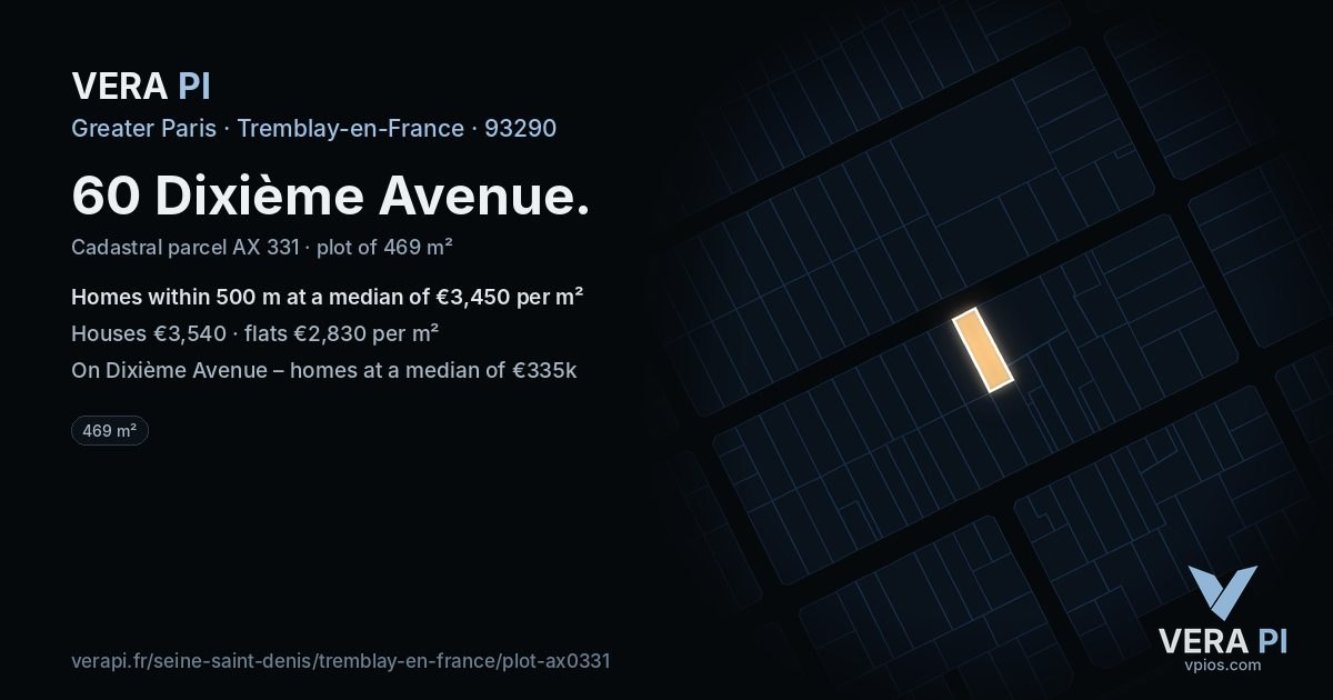60 Dixième Avenue, Tremblay-en-France at night – the plot lit, the parcels around coloured by the prices near them