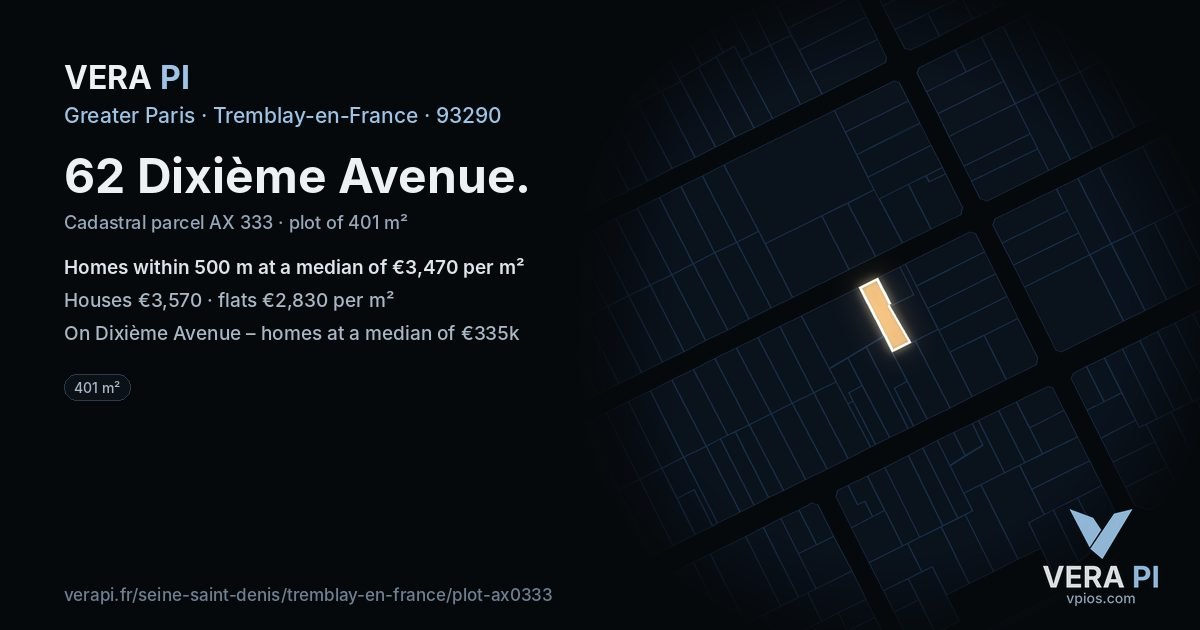 62 Dixième Avenue, Tremblay-en-France at night – the plot lit, the parcels around coloured by the prices near them