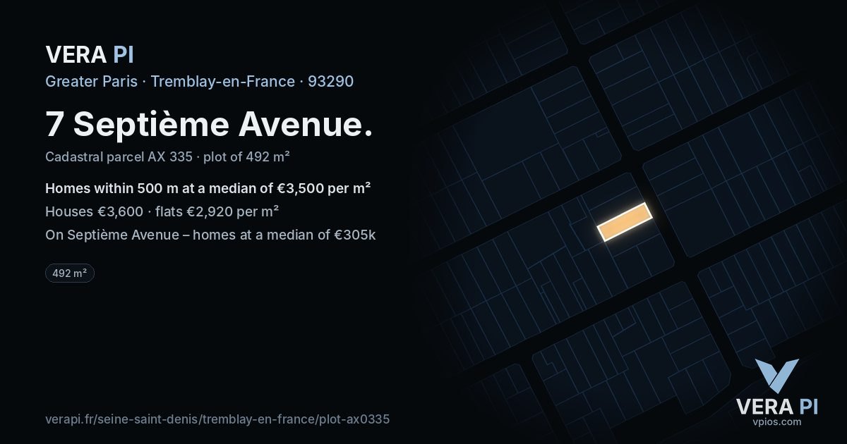 7 Septième Avenue, Tremblay-en-France at night – the plot lit, the parcels around coloured by the prices near them