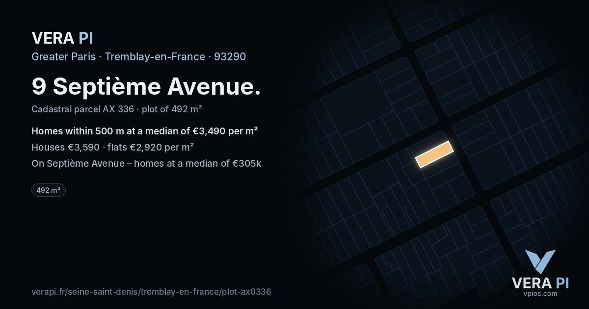 9 Septième Avenue, Tremblay-en-France at night – the plot lit, the parcels around coloured by the prices near them