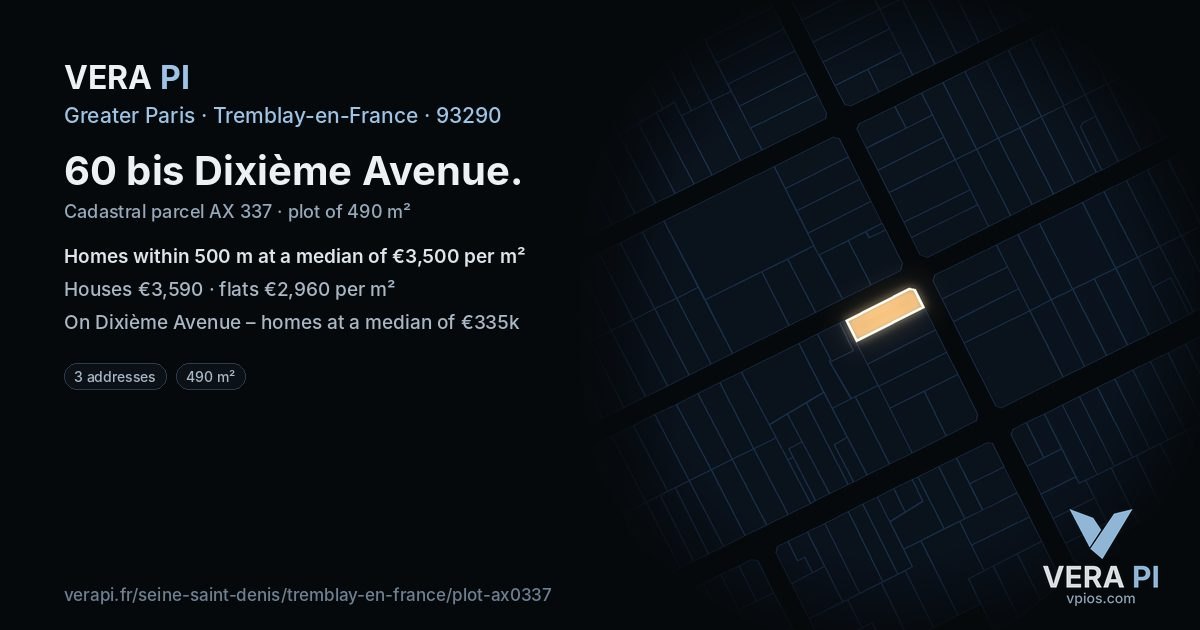 60 bis Dixième Avenue, Tremblay-en-France at night – the plot lit, the parcels around coloured by the prices near them