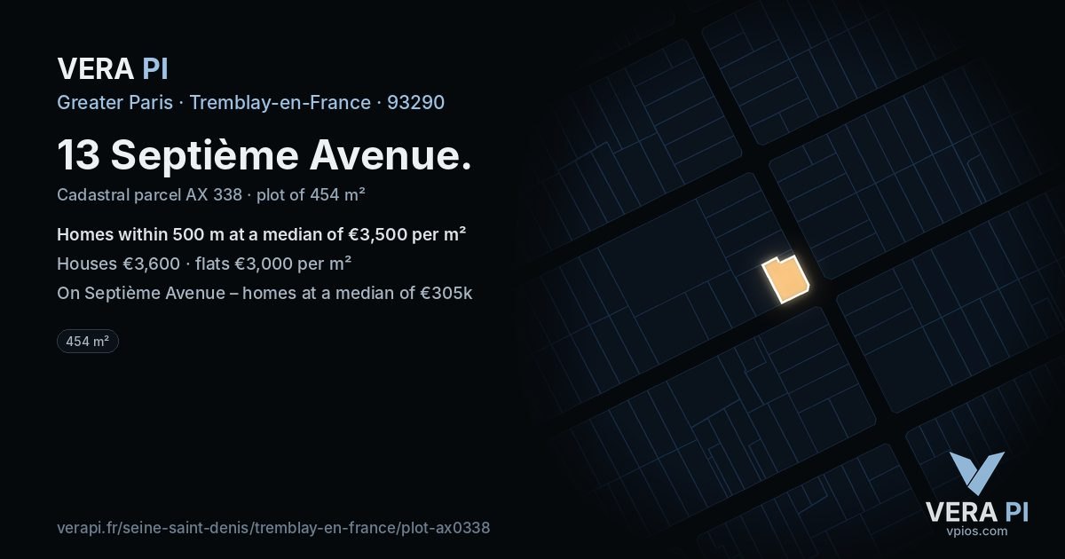 13 Septième Avenue, Tremblay-en-France at night – the plot lit, the parcels around coloured by the prices near them