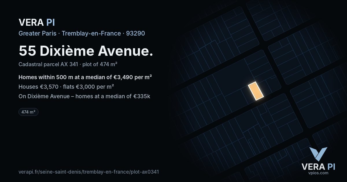 55 Dixième Avenue, Tremblay-en-France at night – the plot lit, the parcels around coloured by the prices near them